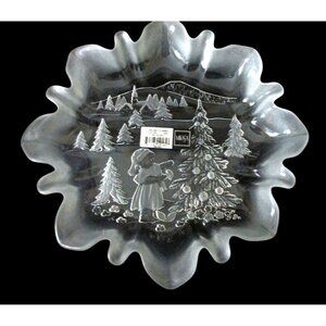 Vintage Mikasa Holiday Classics Glass Round Platter Winter Scene Girl NOS